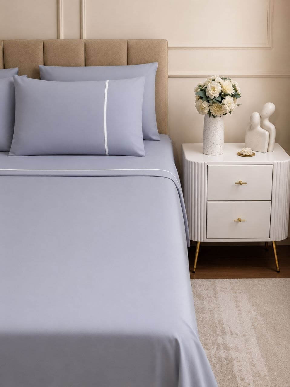 Premium White Line Light Grey Bedding Set – 7 Pieces ✨🩶