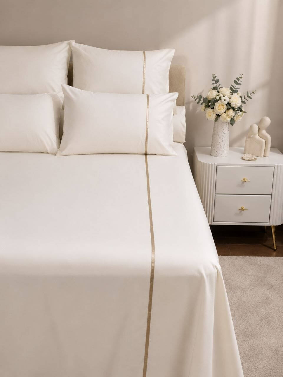 Premium Gold Line Off-White Bedding Set – 7 Pieces ✨💛