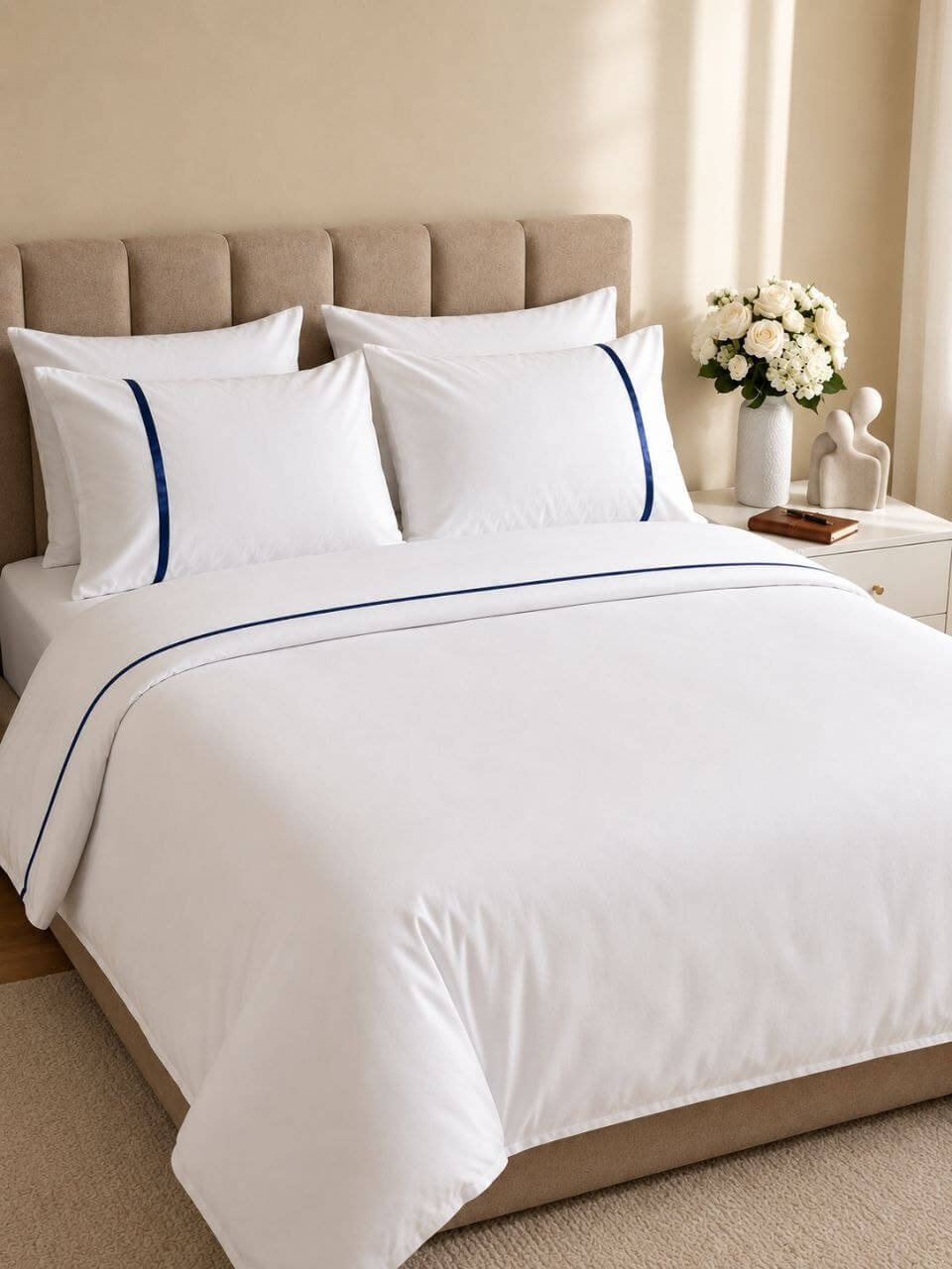 Premium Navy Line White Duvet Cover