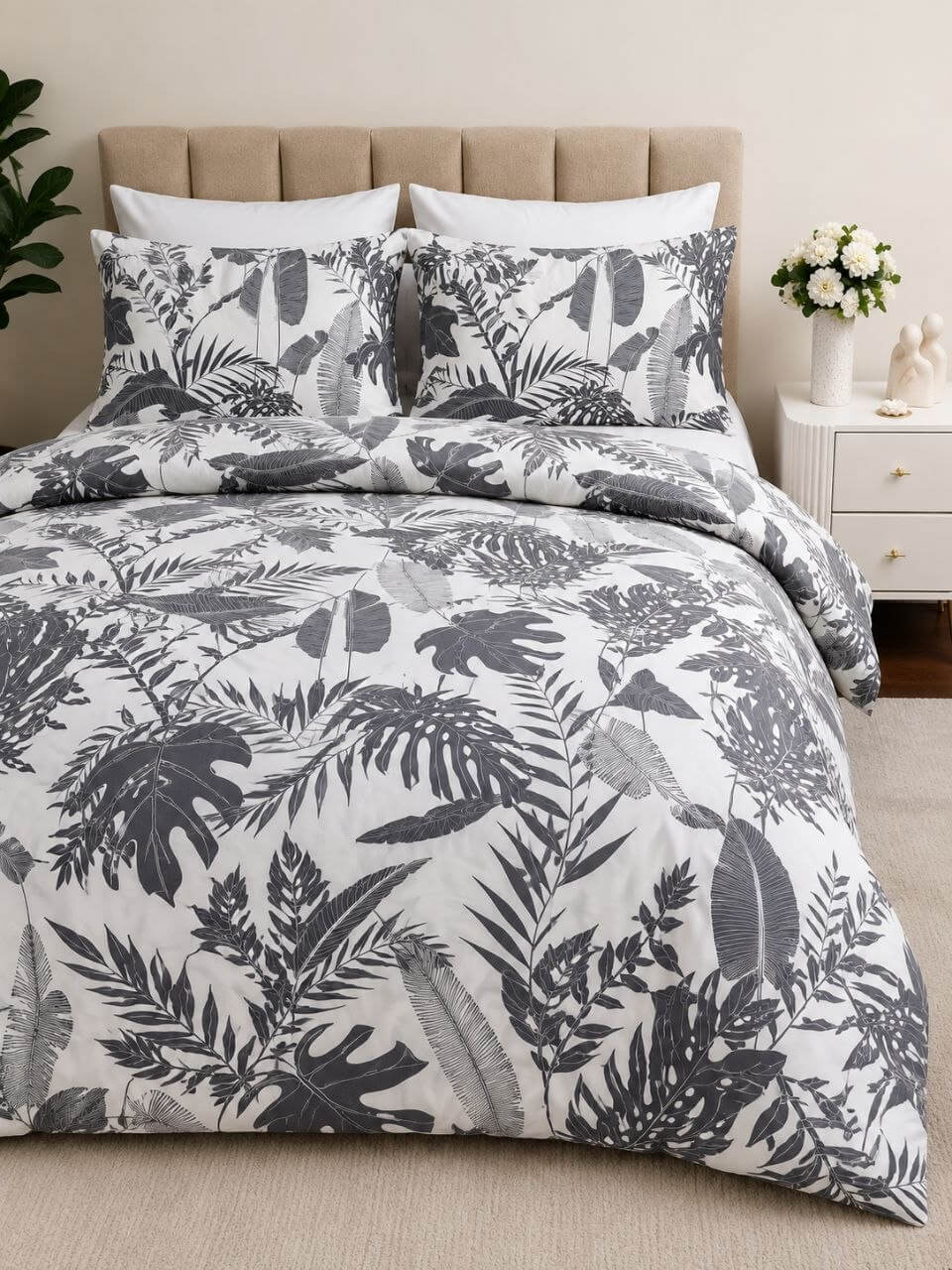Grey Leaves & White Harmony Bed Sheets Set – 7 Pieces ✨